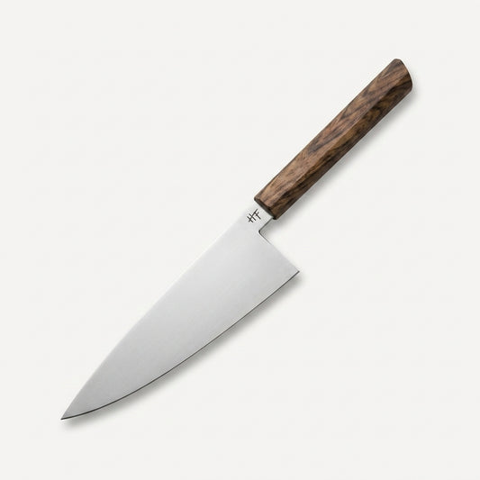 HandFab MK-III handmade chef knife with stabilised Turkish walnut handle and HF maker's mark, forged in Scotland